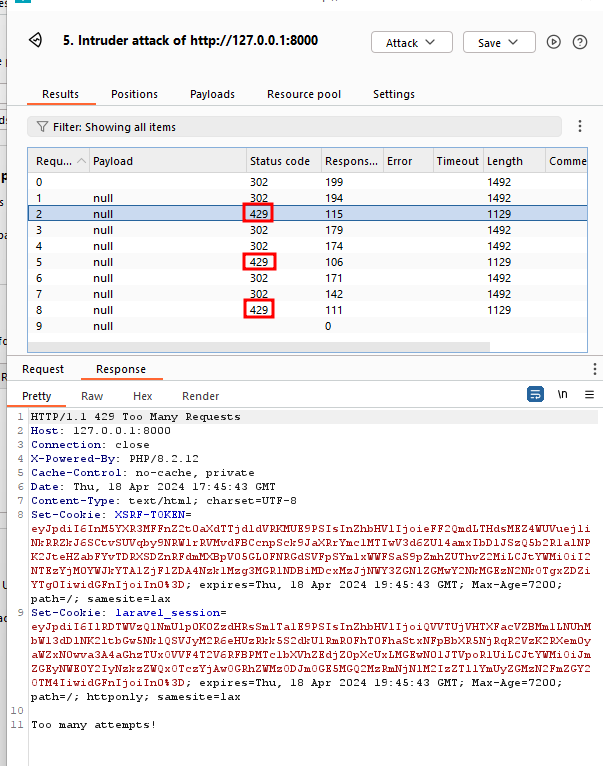 Burp Suite Intruder shows the requests, status code, and a response from the server with rate limit.