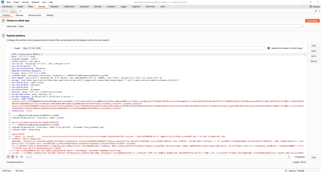 Intercepting the file upload POST request in Burp Suite